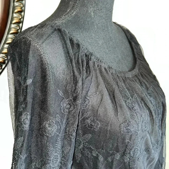 HALO Women’s Black Lace Fringe Sheer Floral Lined Boho 3/4 Sleeve Top Medium - Picture 13 of 16